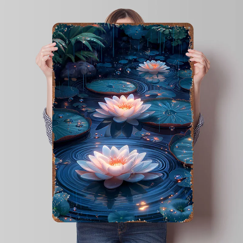LoFi Water Lily Pond Tinplate Poster Customized Wall Art Vintage Metal Signs Retro Tin Plaque for Bedroom Decorations Desk Decor