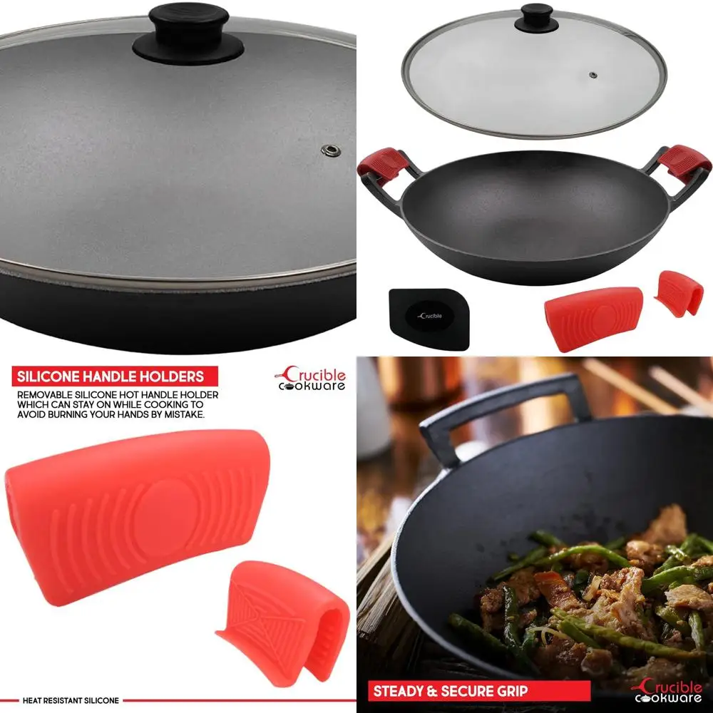 

14 Pre-Seasoned Cast Iron Wok with Glass Lid and Silicone Handle Covers