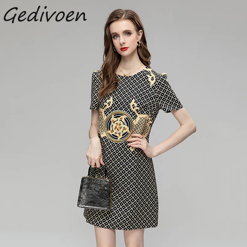 

Gedivoen Summer Fashion Designer Plaid Dots Print Dress Women O-Neck Puff Sleeve Diamond Beading Loose Casual Vintage Mini Dress