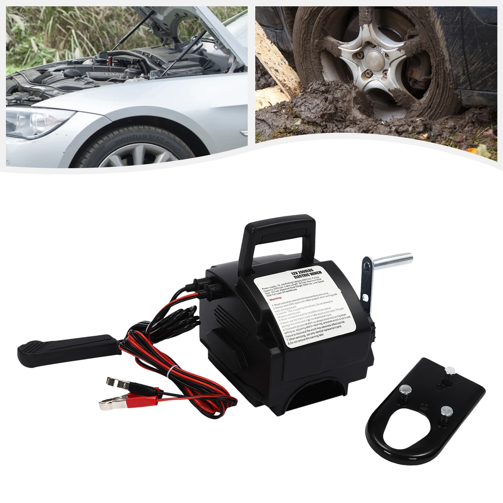 300W 12V Electric Winch Dual Control Modes Towing Tool 2000lbs Rated Pull Force Rescue Traction Tool