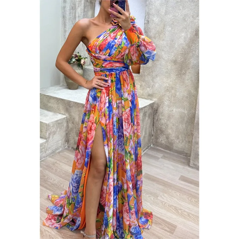 Sexy Female Hight Split Loose Hem One Shoulder Print Beach Party Dress Lady Side Split One Sleeve Long Dress Women Evening Dress