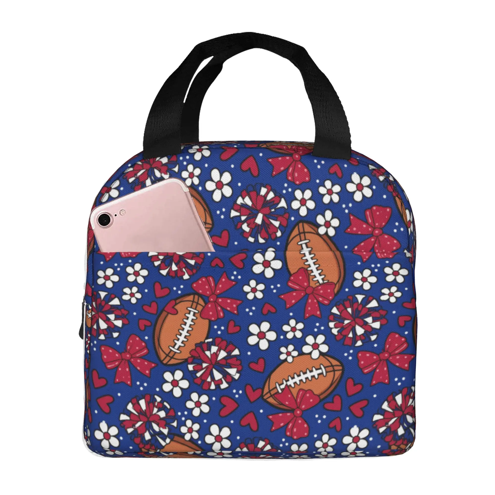 Rugby Union Cheer Bows Football  Lunch Bag Women Red And Blue Warm Cooler Insulated Lunch Box for School