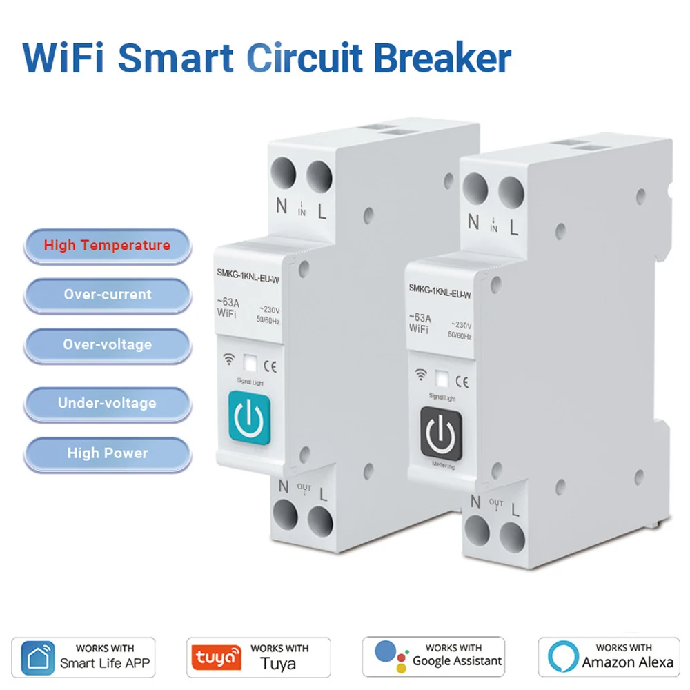 Tuya WIFI Smart Circuit Breaker 1P 10/16/25/32/40/63A DIN Rail Remote Control Timer Switch Work with Smart Life App Alexa Google