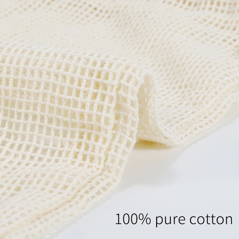 أكياس إنتاج شبكية قطنية قابلة لإعادة الاستخدام برباط من القطن العضوي متينة وقابلة للغسل مع أكياس تسوق بقالة تنتج أكياس شبكية