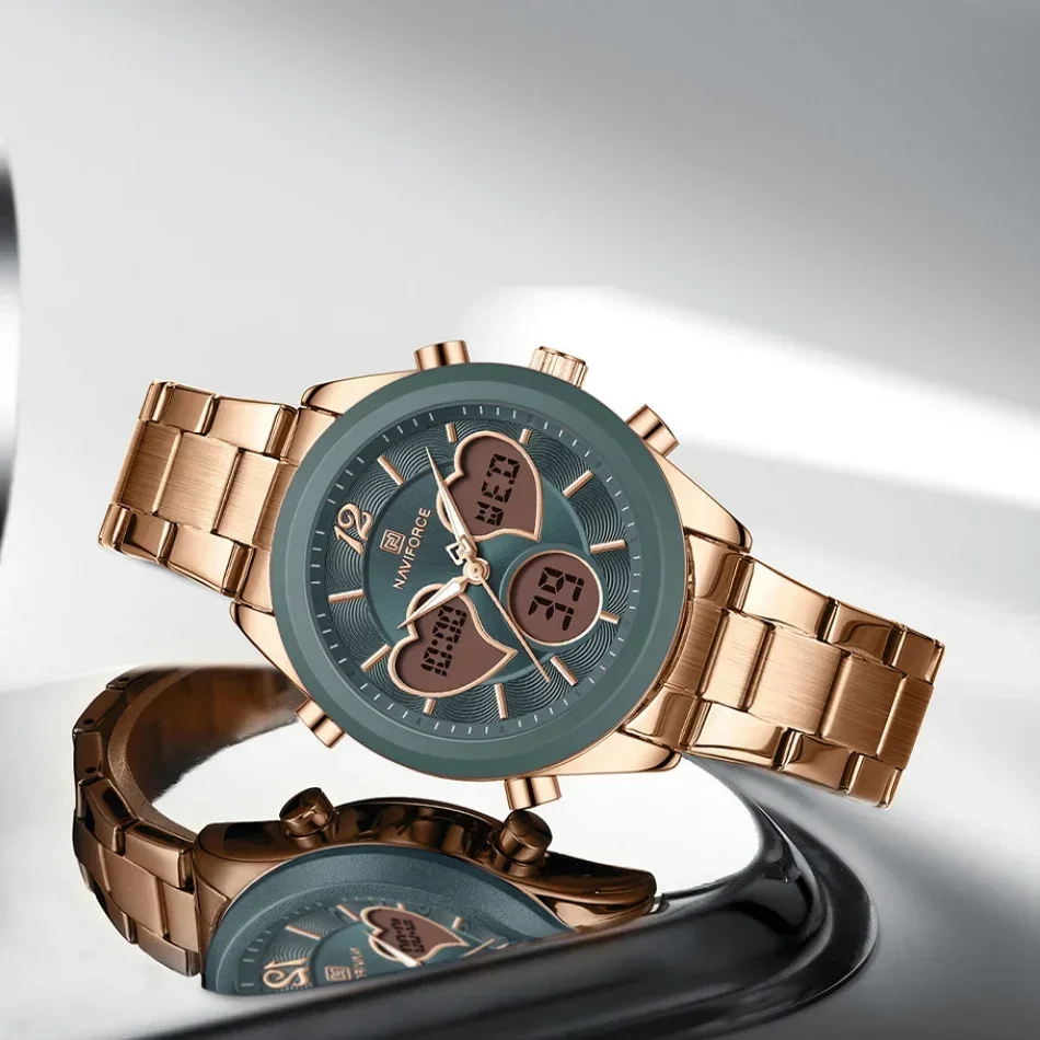 حزمة الهدايا NAVIFORCE الأصلي الجديد للسيدات فستان كوارتز تاريخ ساعة موضة ساعة حزام ناقل من الفولاذ ساعة يد نسائية بسيطة عادية