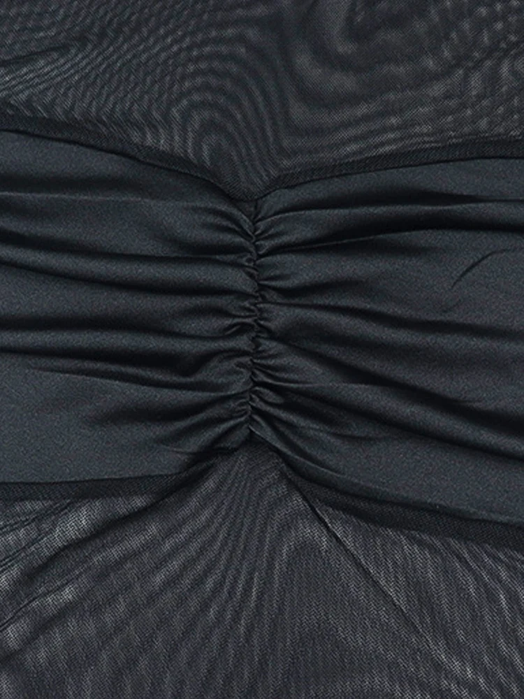 فستان قصير مثير أسود بقماش شفاف من Kricesseen فستان نسائي شفاف بأكمام طويلة وياقة مدورة وتنورة حفلات للنوادي #6