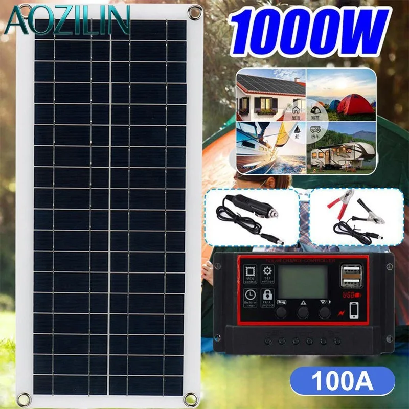 AOZILIN 1000W Polycrystalline Solar Panel 12V Outdoor Power Charger For Car RV Camping Battery Mobile Phone Supply