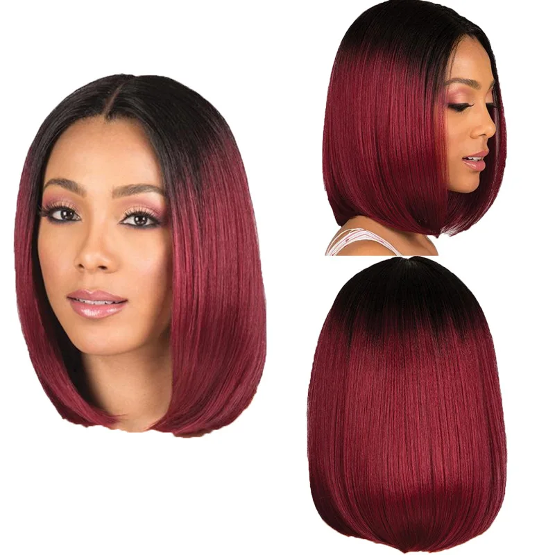 

European and American women's dyed middle-part synthetic wig, short straight hair, black gradient wine red bob