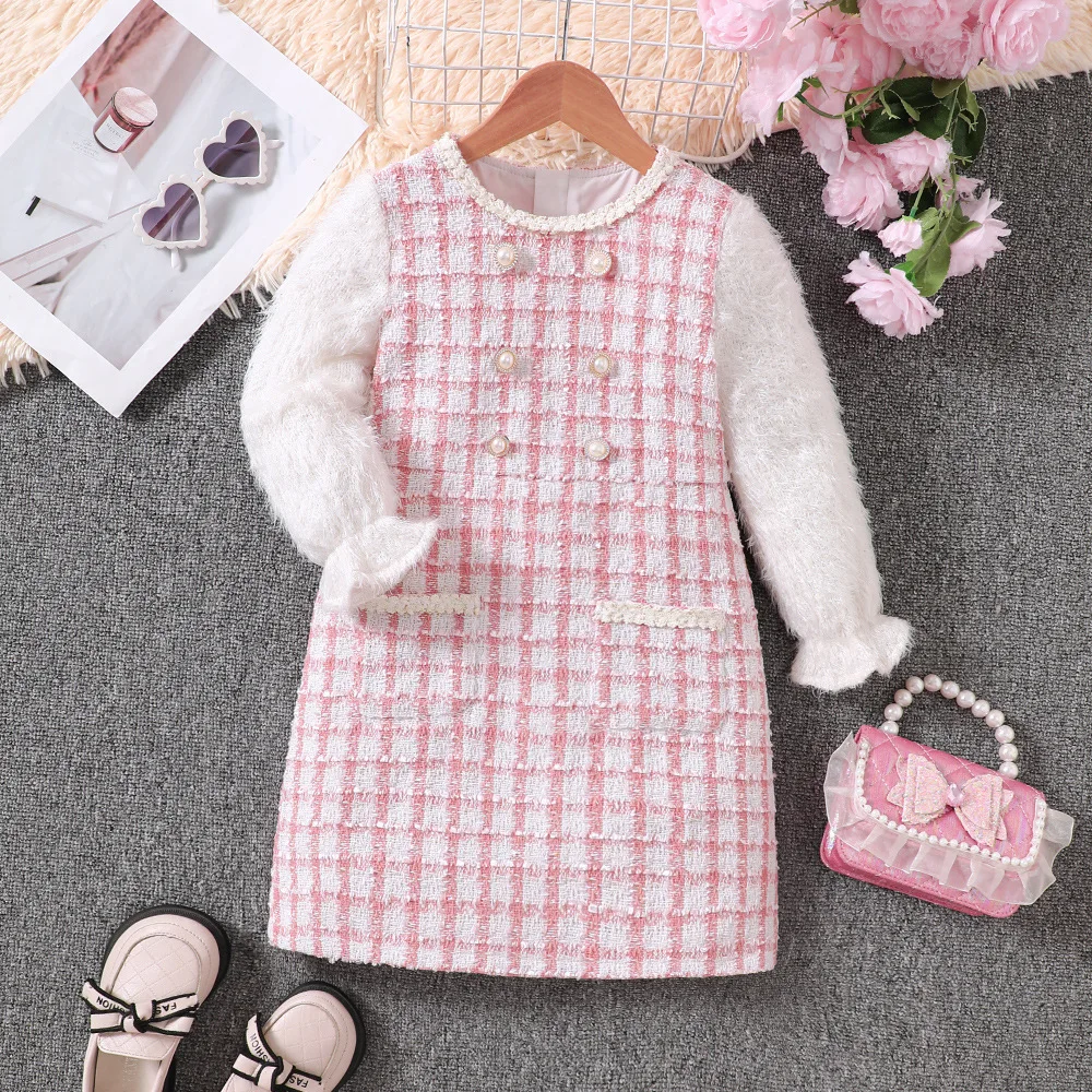 2024 Winter New Girls Long Sleeve Patnchwork Plaid Pink Dress Cute Designer Girls Princess Dress Vestido 2-7T