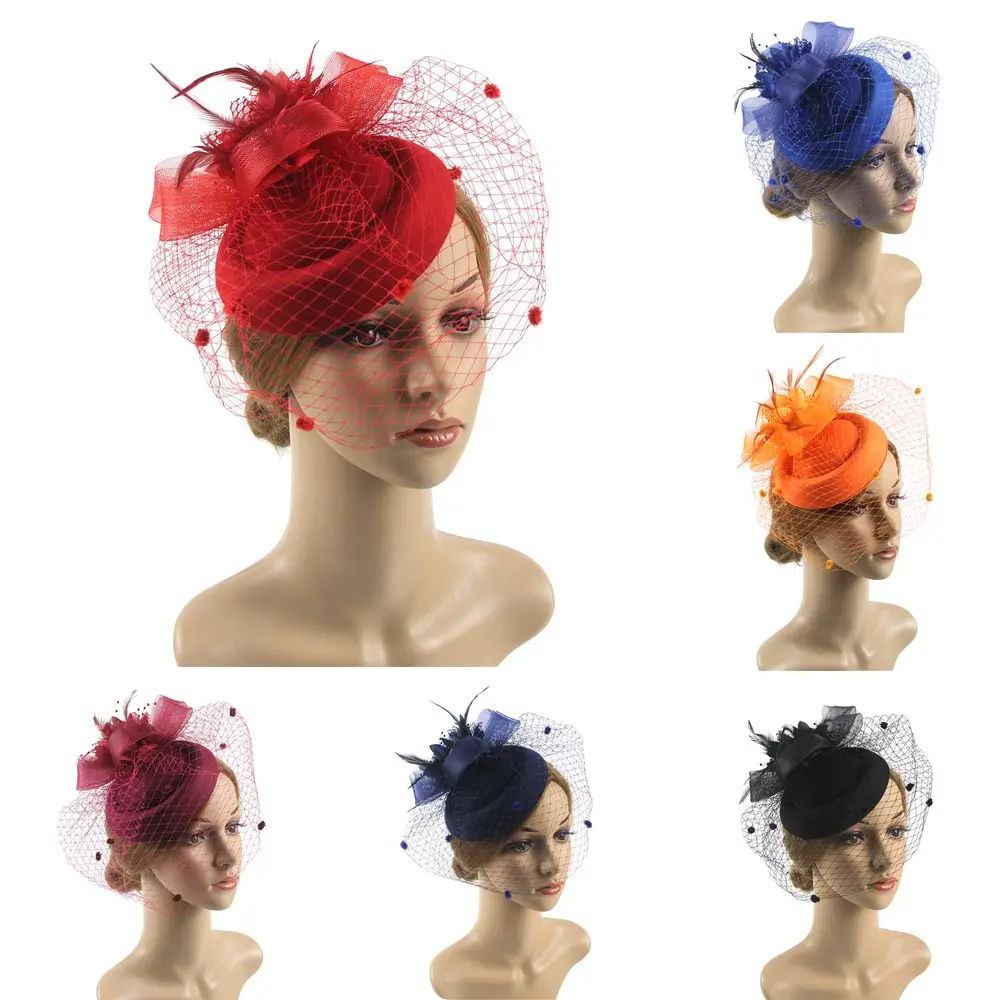 Retro Fascinators Hat Women Flower Mesh Sinamay Feathers Fedoras Hat Headband Hair Clip Cocktail Tea Party Headwewar