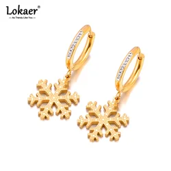 Lokaer Fashion Stainless Steel CZ Crystal Snowflake Hoop Earrings For Women Charm Stylish Jewelry Waterproof Bijoux Femme E24058