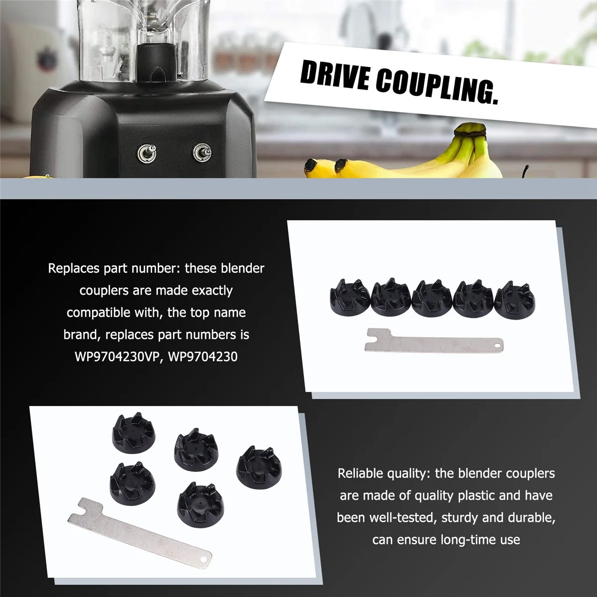 عبوات A02V-6 9704230   قطع غيار اقتران الخلاط مع مفتاح ربط واحد متوافق مع مساعد المطبخ WP 9704230 VP