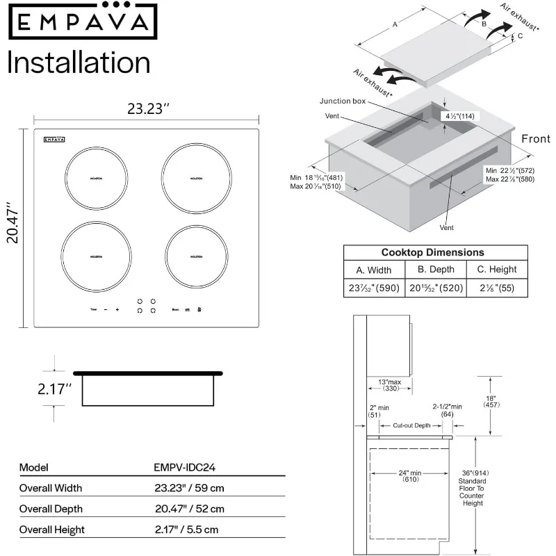 Empava 24 Inch Electric Stove Induction Cooktop with 4 Power Boost Burners Smooth Surface Vitro Ceramic Glass in Black 240V