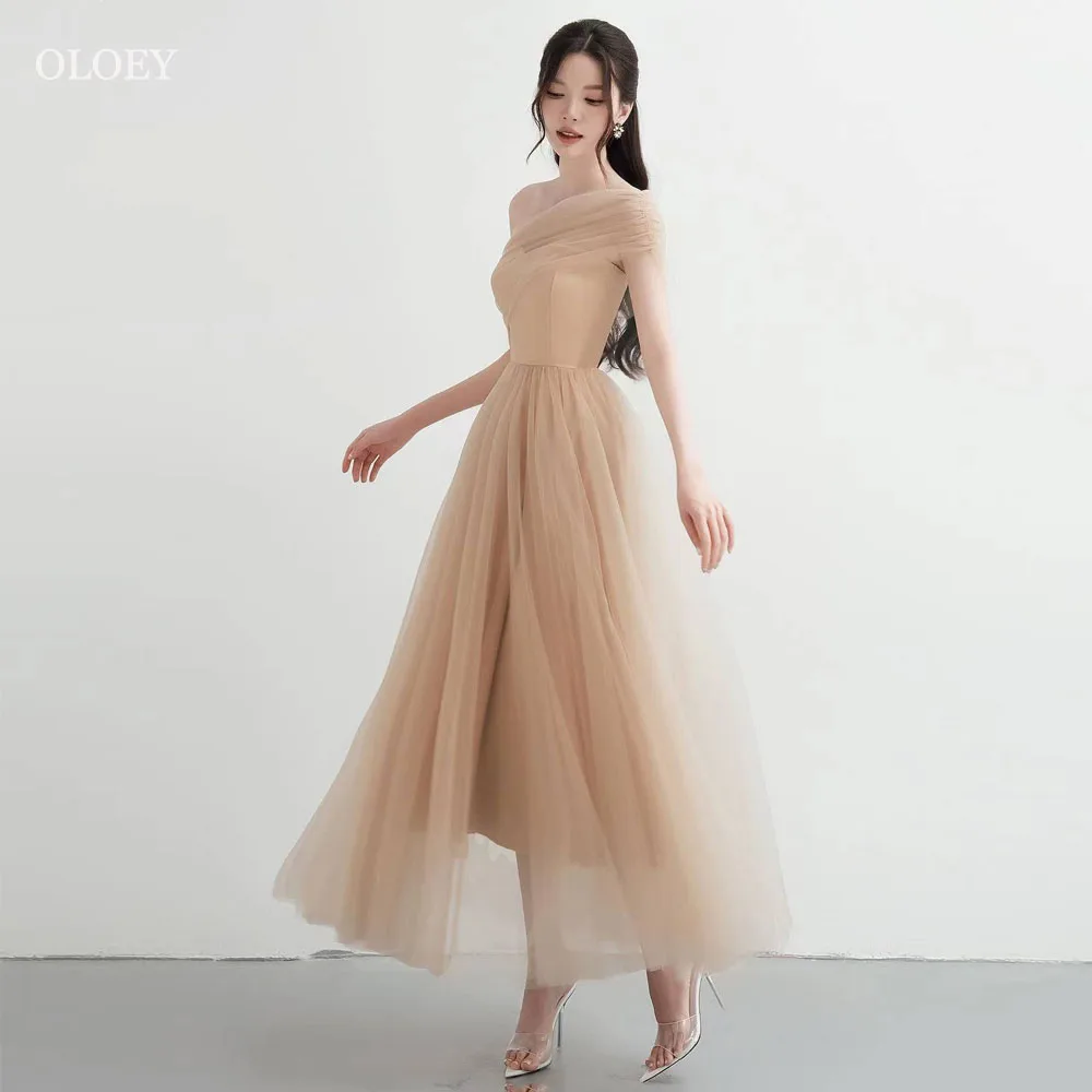 

OLOEY Simple Tulle Sweetheart Pleat Long Evening Party Dresses Korea Lady A-Line Sleeveless Ankle-Length Formal Prom Gowns