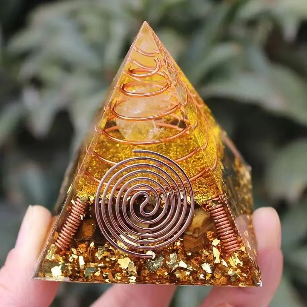 Crystal Epoxy Tiger Eye Stone Pyramid 4cm Handmade Resin Craft Copper Wire Spiral Home Decoration