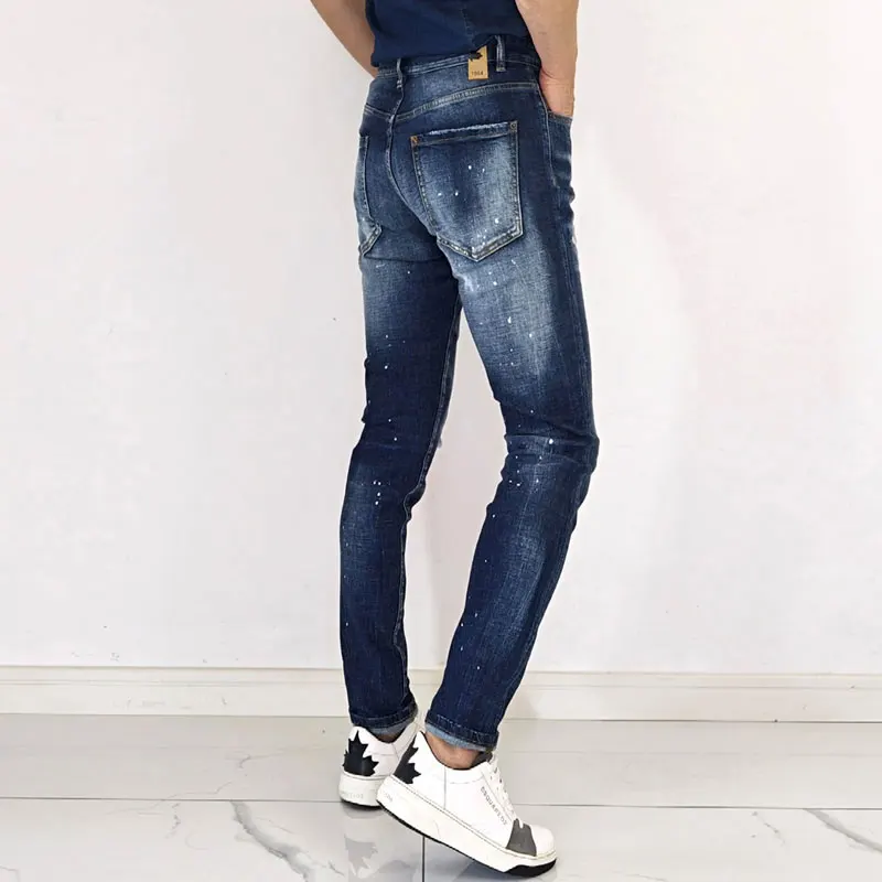 Street Fashion Men Jeans High Quality Retro Blue Stretch Slim Fit Ripped Jeans Men Painted Designer Brand Vintage Denim Pants