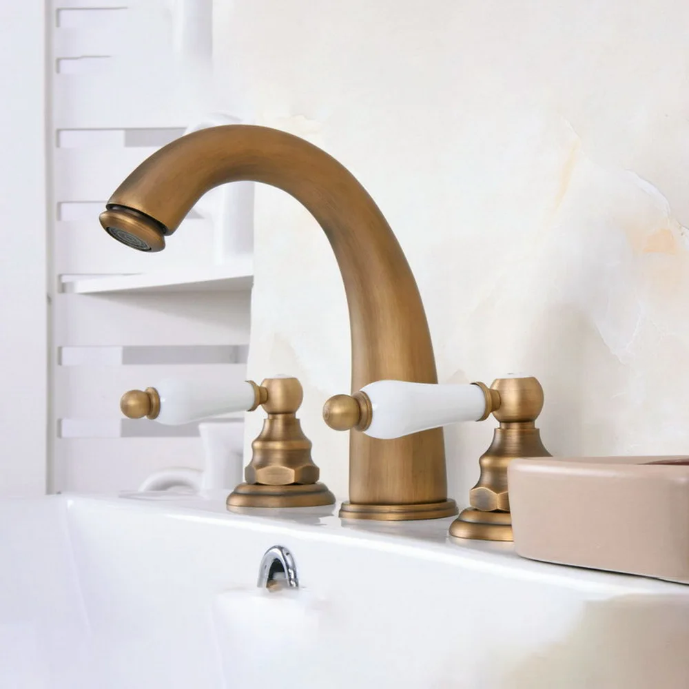 

Античный латунный широко распространенный смеситель для раковины в ванной комнате, 3-луночный смеситель для раковины, евро078