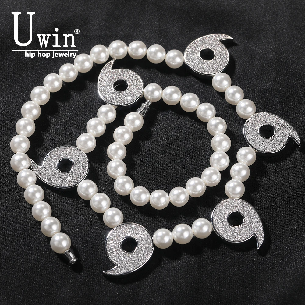 Uwin Iced Power of Six Paths Necklace 8mm Pearl Micropave Charm Jewelry Women Accessories Gifts