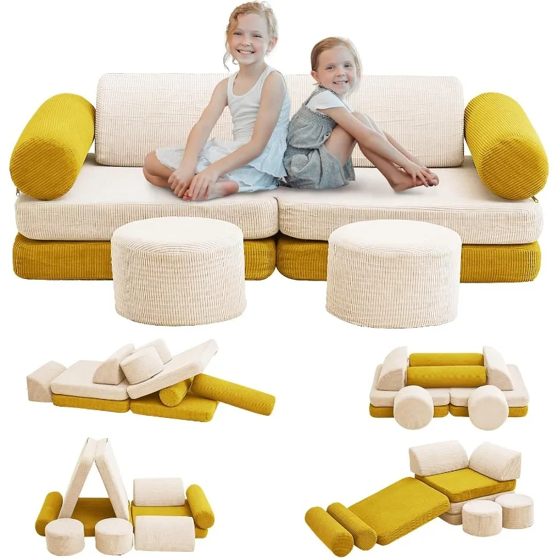 

Modular Kids Play Couch, 10PCS Kids Modular Couch in Colorblocked Corduroy, Kids Couch for Playroom