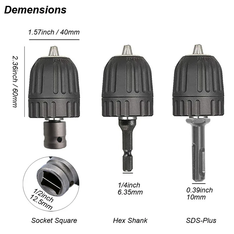 0.8-10mm Keyless Drill Chuck Converter Hex Shank SDS Plus Socket Square Femal Adapter for Impact Electric Driver/ Wrench/ Hammer