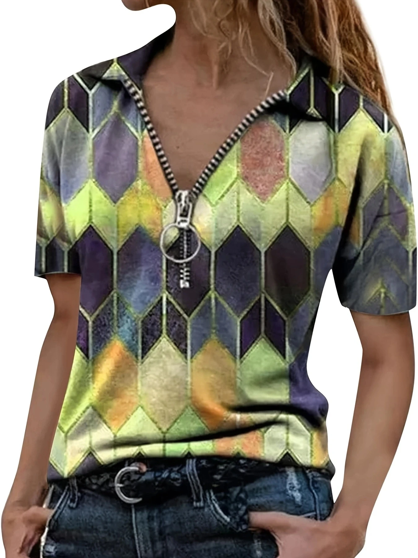 Versatile All-Season Women\'s Polo Shirt- Easy-Care,Stretch Comfort with Stylish Zip and Geometric Design for Everyday Casual Wea