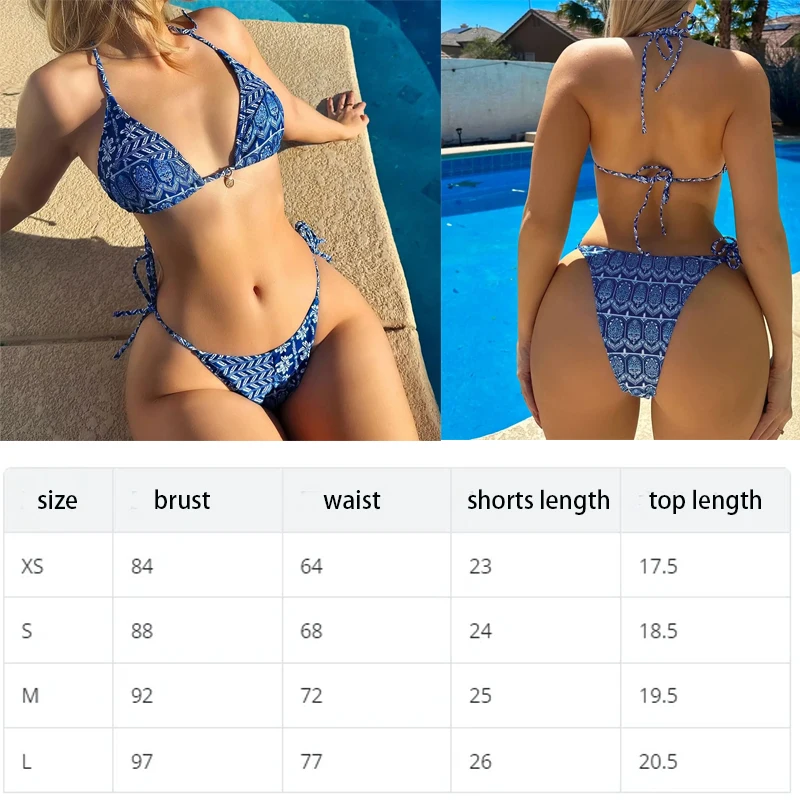 Bohemian Print Swimwear Low-waist Female Beach Set Tie Straps Women Swimming Suit Triangle Bra with Pad