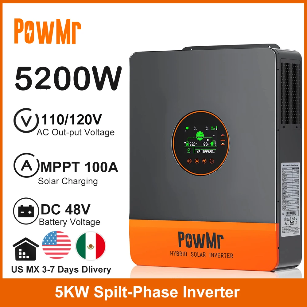

US MX Stock 5.2KW Split-Phase Hybrid Solar Inversor 48VDC To 120/110VAC With 100A MPPT Solar Charge Inverter Fit Lithium Battery