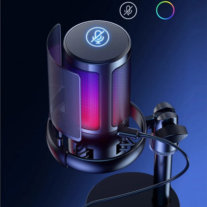 USB Microphone Professional Studio For Condenser Mic PC Streaming Gaming YouTube Video Singing Gaming Recording RGB Anti-Spray