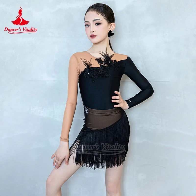 Conjuntos de costura de 2 colores para entrenamiento de Samba, Tops de manga larga latinos para adolescentes, vitalidad de bailarina + falda con flecos, ropa profesional
