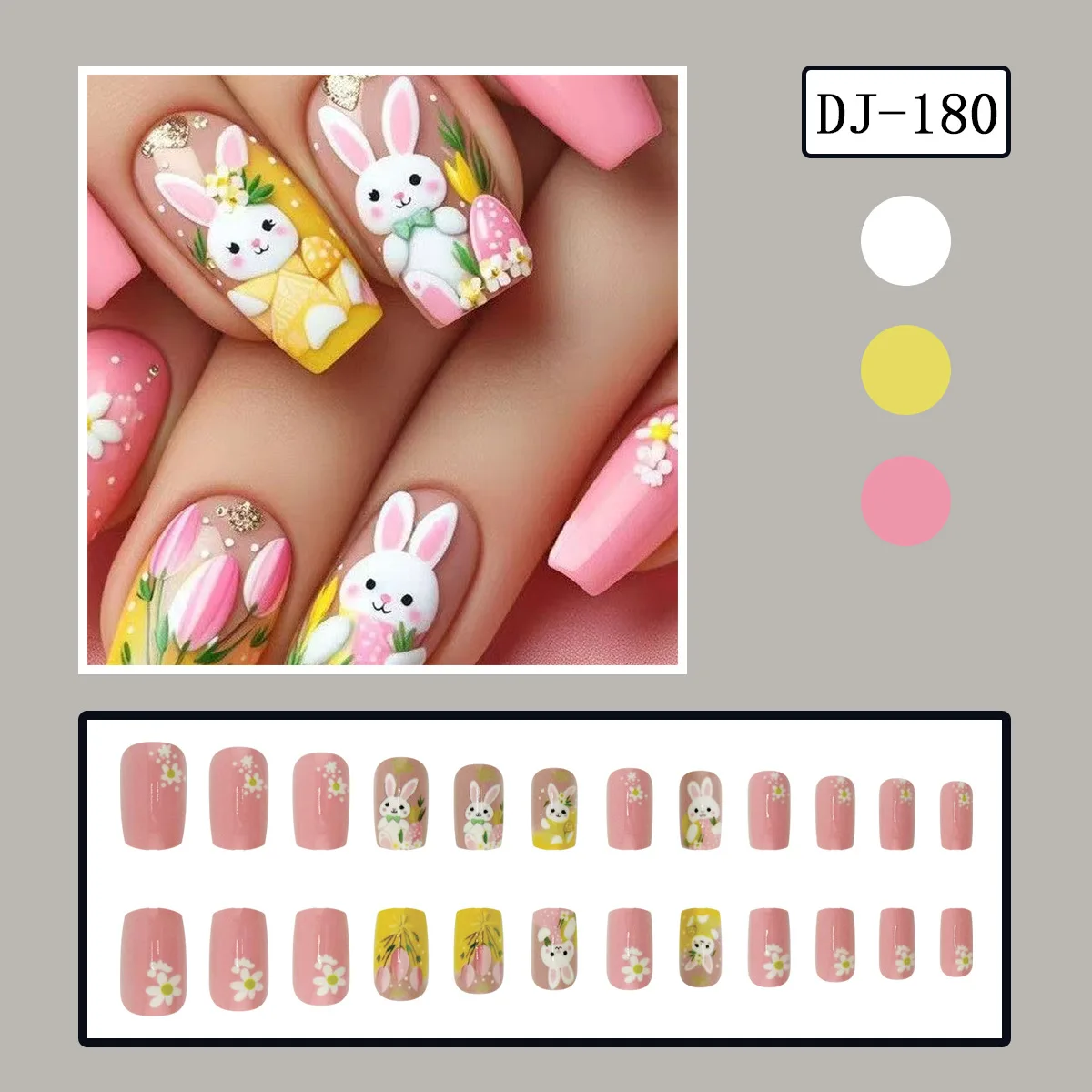 24pcs Easter Day False Nails Sweet Pink Rabbit Flowers Print Fake Nails Tips Women Wearable Detchable Spring Cute Press on Nails