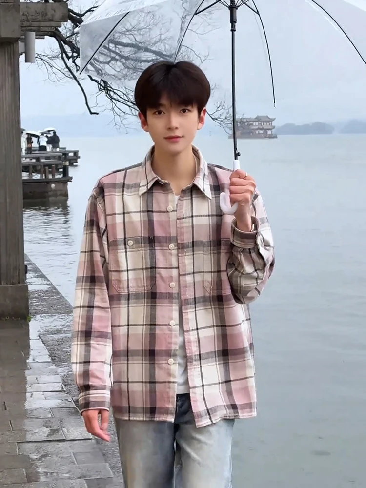 

Мужское розовое клетчатое пальто irt Long Sve Design Sense Inner Match, американское винтажное пальто, верхняя одежда, свободная посадка, молодежный тренд, дышащая ...