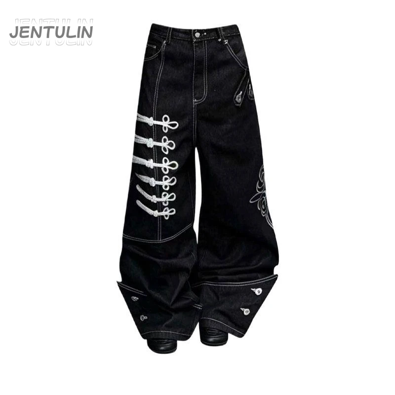 Y2K Wide Leg Jeans Chinese Knot Decor Contrast Stitch Baggy Denim Pants Gothic Streetwear Vintage Oversized Cargo Trousers