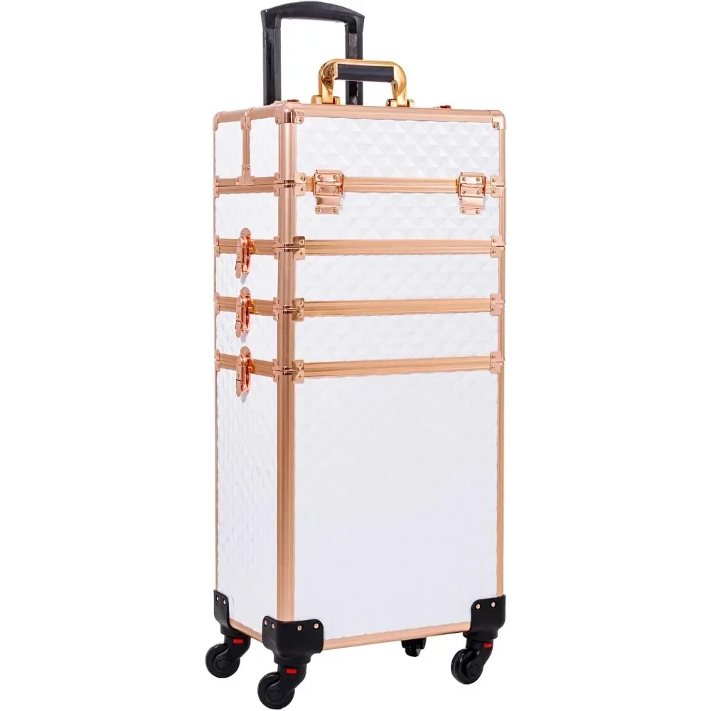 Rolling Makeup Train Case Large Storage Cosmetic Trolley with Key Swivel Wheels 4 in 1 Large Capacity Trolley Makeup Travel Case