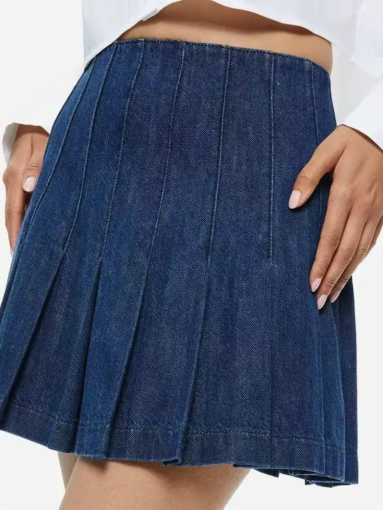 

Women Denim Mini Skirt High Waist A-Line Pleated Fashion Female 100% Cotton Jupe
