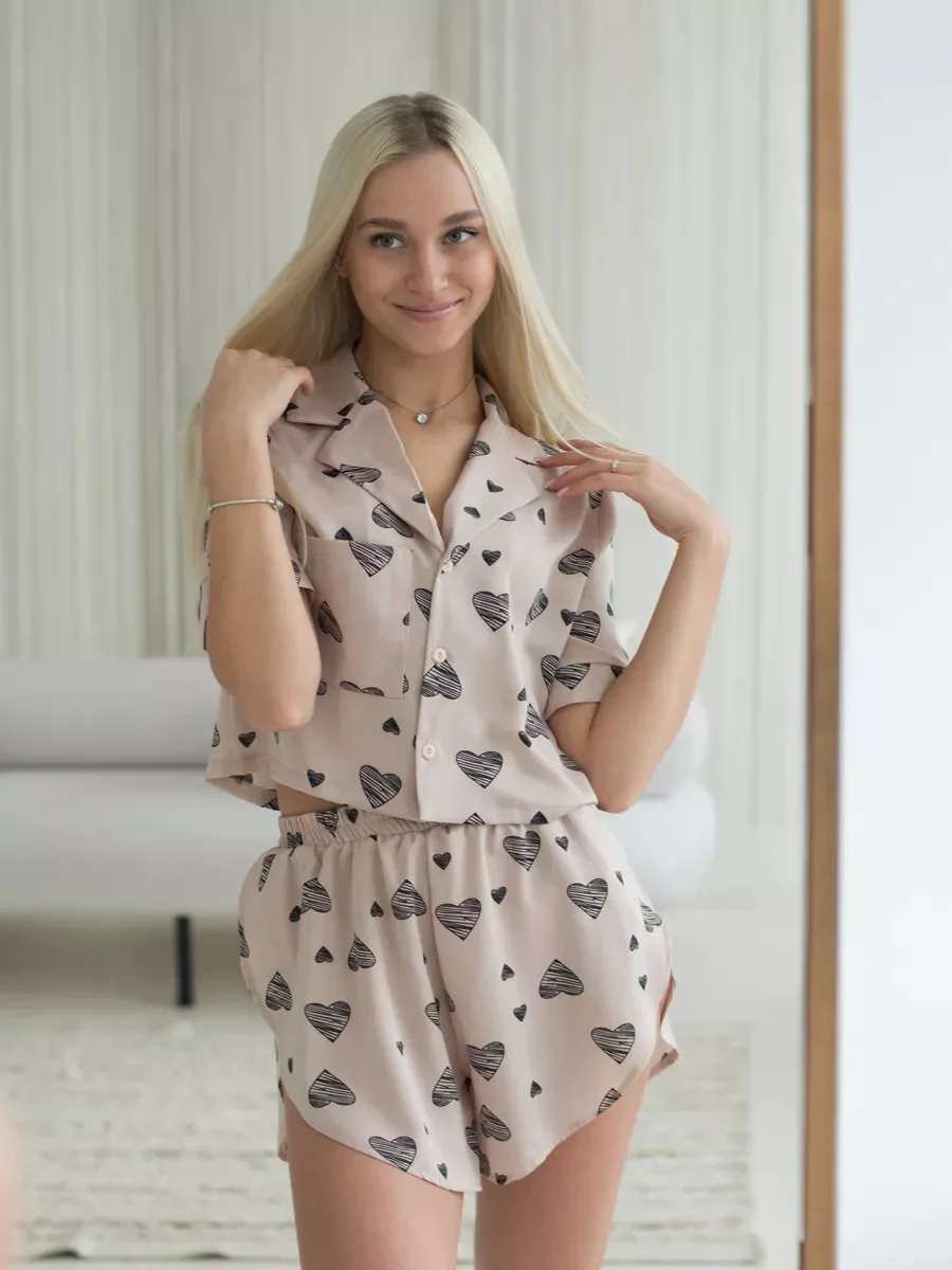 Summer Heart Print Short Sleeve Sleepwear With Wide Leg Shorts Two Piece Sets Home Blouse With Pocket Casual Outfits Women