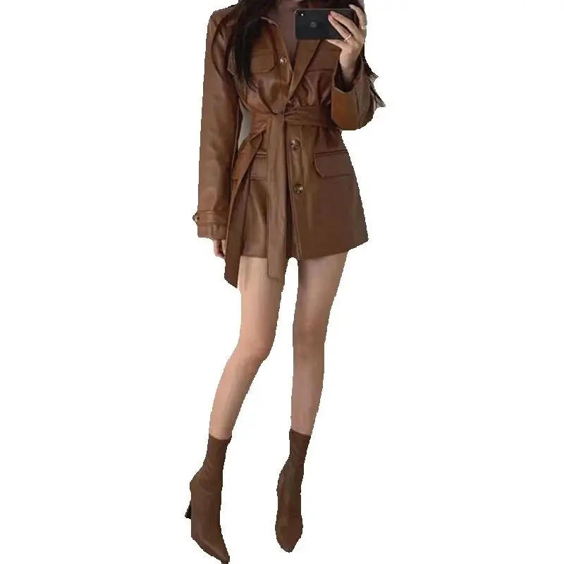 

Ladies Loose Joker Waist Slim Long Locomotive PU Leather Coat Women Autumn And Winter Long-Sleeved Single-Breasted Leather Coat
