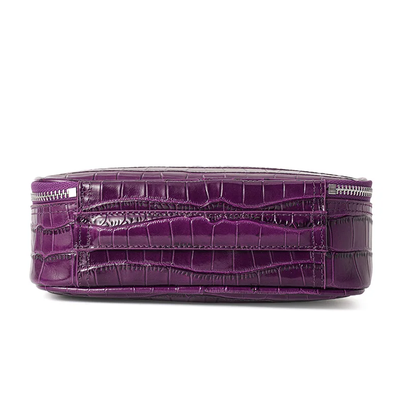 Genuine Leather Crocodile Pattern Purple Cosmetic Bag for Women, Portable Travel Toiletry Bag, Cowhide High-Appearance Storage