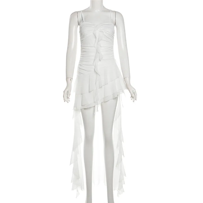 SylCue シャーリングフリルミニドレス女性セクシーな背中の開いたオフスリーブメッシュパッチワーク非対称裾ミッドナイトクラブパーティーエレガントな衣装