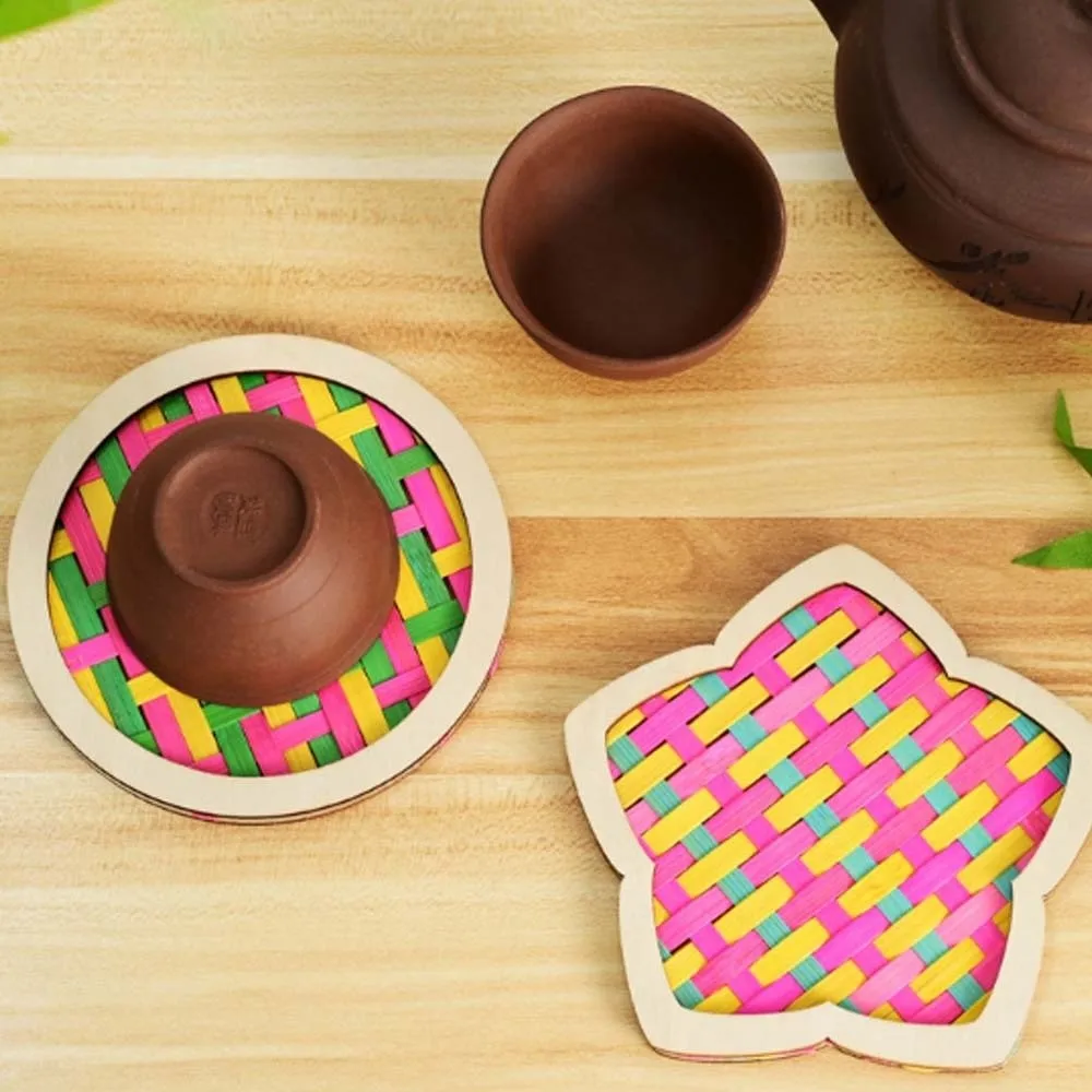 Eco-Friendly Bamboo Coaster DIY Natural Wood Pre-cut Woven Coaster Pack Educational Multicolor Handmade Cup Mat School Project