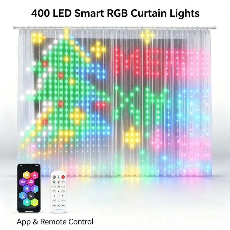 400 LED RGB Smart Curtain Lights, App Control DIY Display Music Sync for Bedroom Window Party Decor
