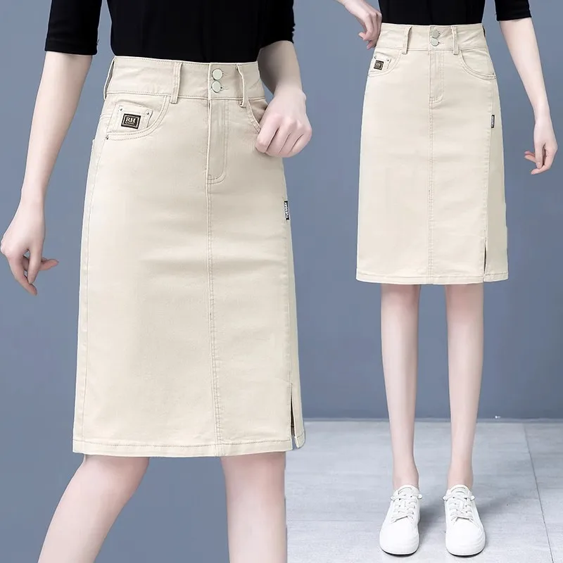 

Новая женская джинсовая юбка миди с высокой талией, А-силуэта, с разрезом, весна-лето, винтажная, укороченная, стройнящая