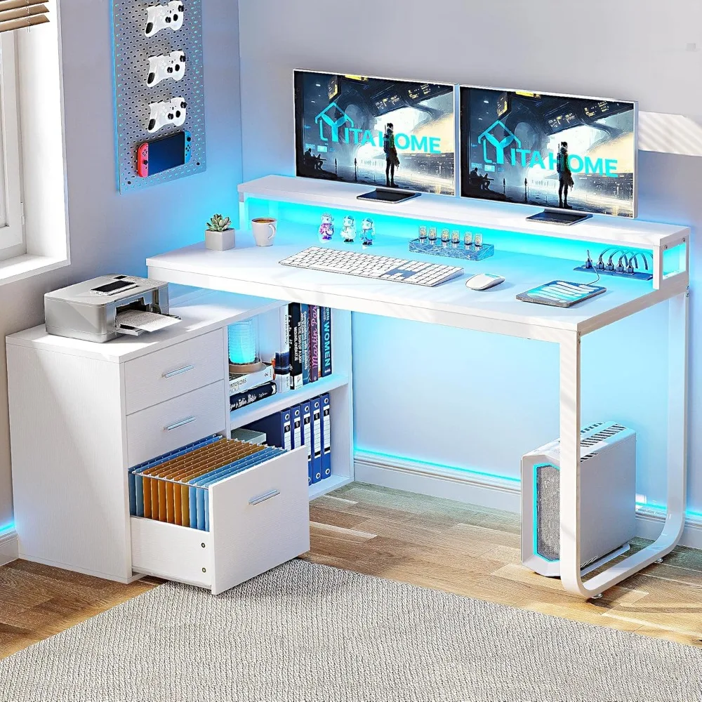 Mesa em Forma de L com Tomadas e Gavetas, Luzes LED, Armário para Home Office, Branco, 55"