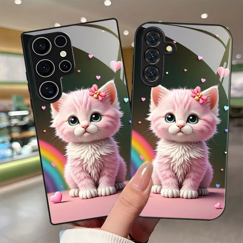 Pink cat pattern Tempered Glass Phone Case For Samsung Galaxy S26/25/24/24/23/22 FE PLUS Edge Ultra A56 A16 A57 Lens protection