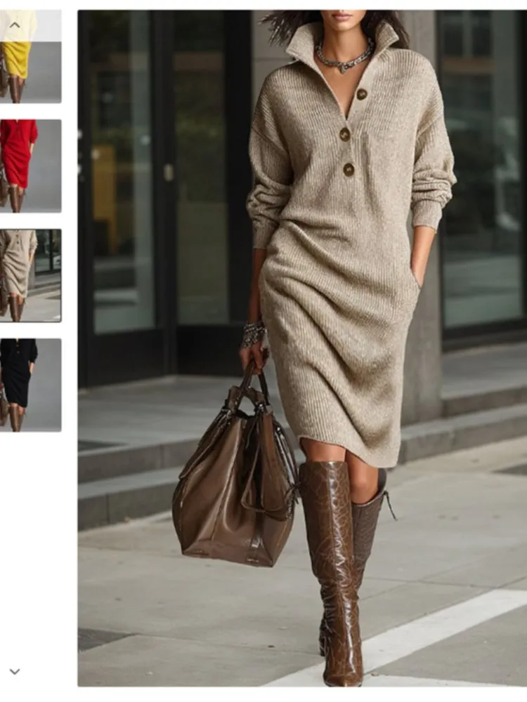 Herfst Mode Gebreide Knop Revers Vrouwen Jurk Casual Losse Zak Luie Rechte Over De Knie Lange Mouw Trui Vrouwelijke Jurk