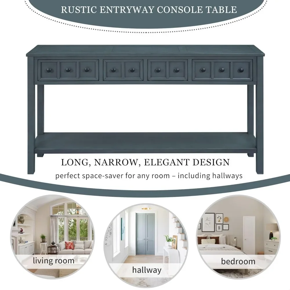 Rustic 60 Farmhouse Console Table with 4 Drawers, Open Storage Shelves, Vintage Metal Handles, and Narrow Design for Entryway