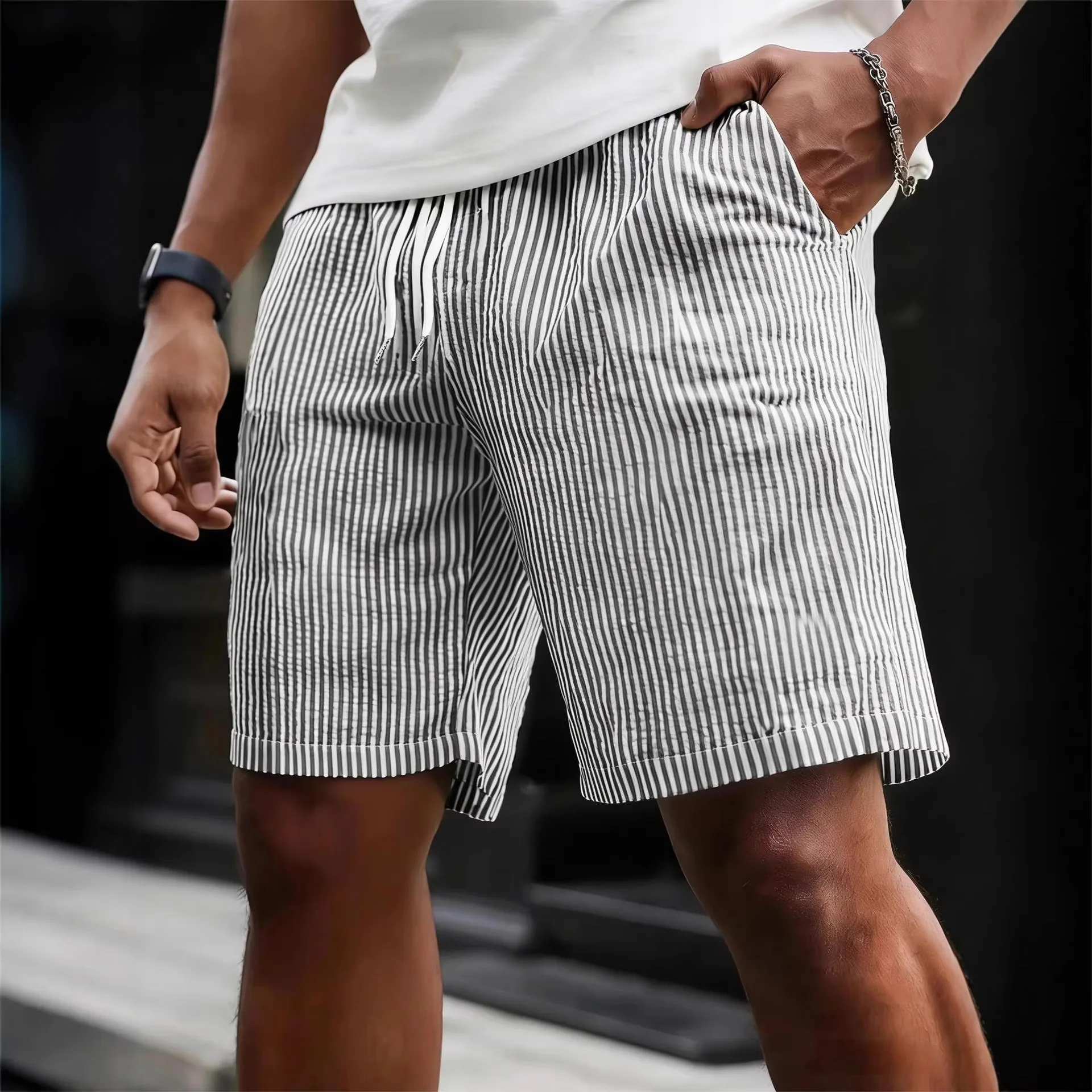 

Men's Summer Drawstring Elastic Waist Striped Lace-Up Sports Shorts