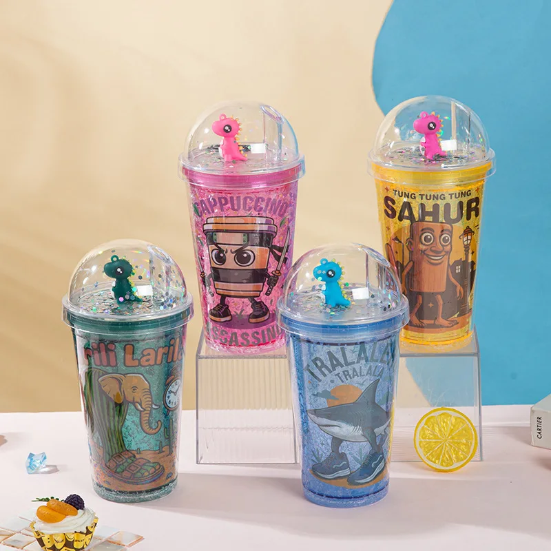 

New Shan Hai Jing Plastic drinking cup with straw creative cup Male and female students portable double plastic cup