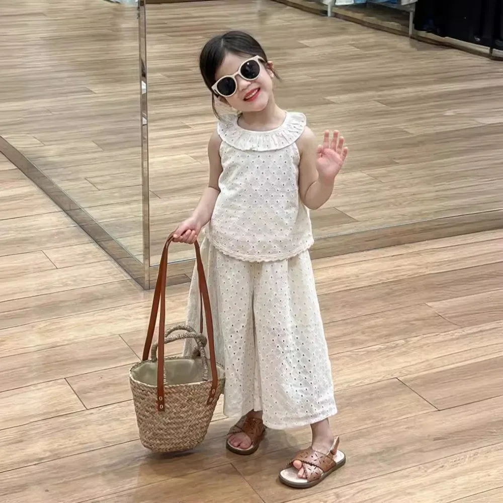 Girls Set Korea Style 2024 Summer New Solid Color Halter Top Cutout Wide Leg Pants Two Piece Set Baby Fashion Summer Clothes