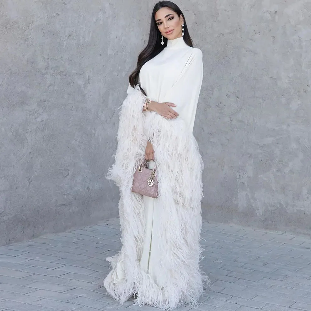 Luxury Prom Dress With Feather Sleeves Customized Wedding Party Dress Formal Gown Dubai Saudi Arabia Elegant Evening Dress