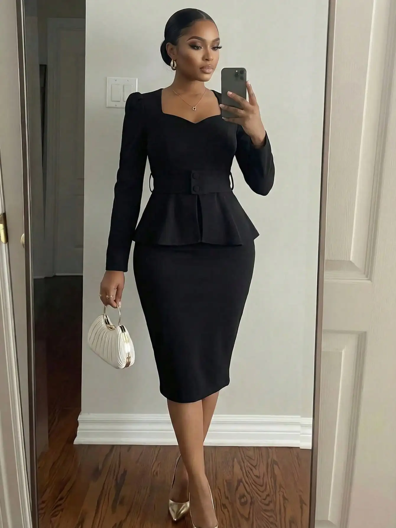 

Черный комплект из топа с пеплумом и юбки-карандаш, с вырезом в форме сердца, длинными рукавами, элегантная офисная одежда